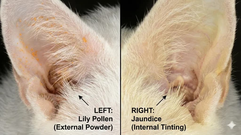 Visual comparison between bright orange lily pollen on fur and pale yellow jaundice in a cat's ear.
